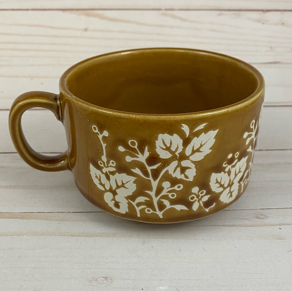 Vintage Japan Soup Chili Mug Leaves Brown Glazed Boho 70s - Picture 1 of 8